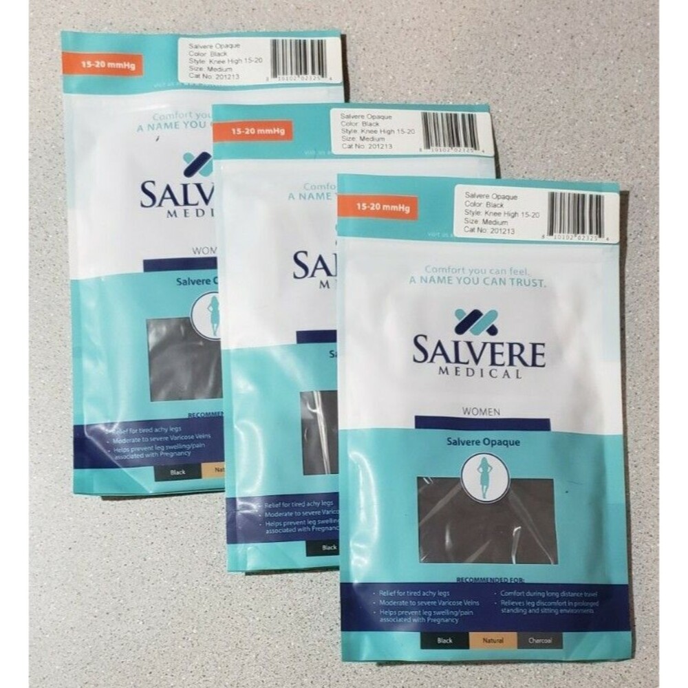 3x Salvere Opaque Black 15-20 mmHg Knee High Compression Tights (Med)